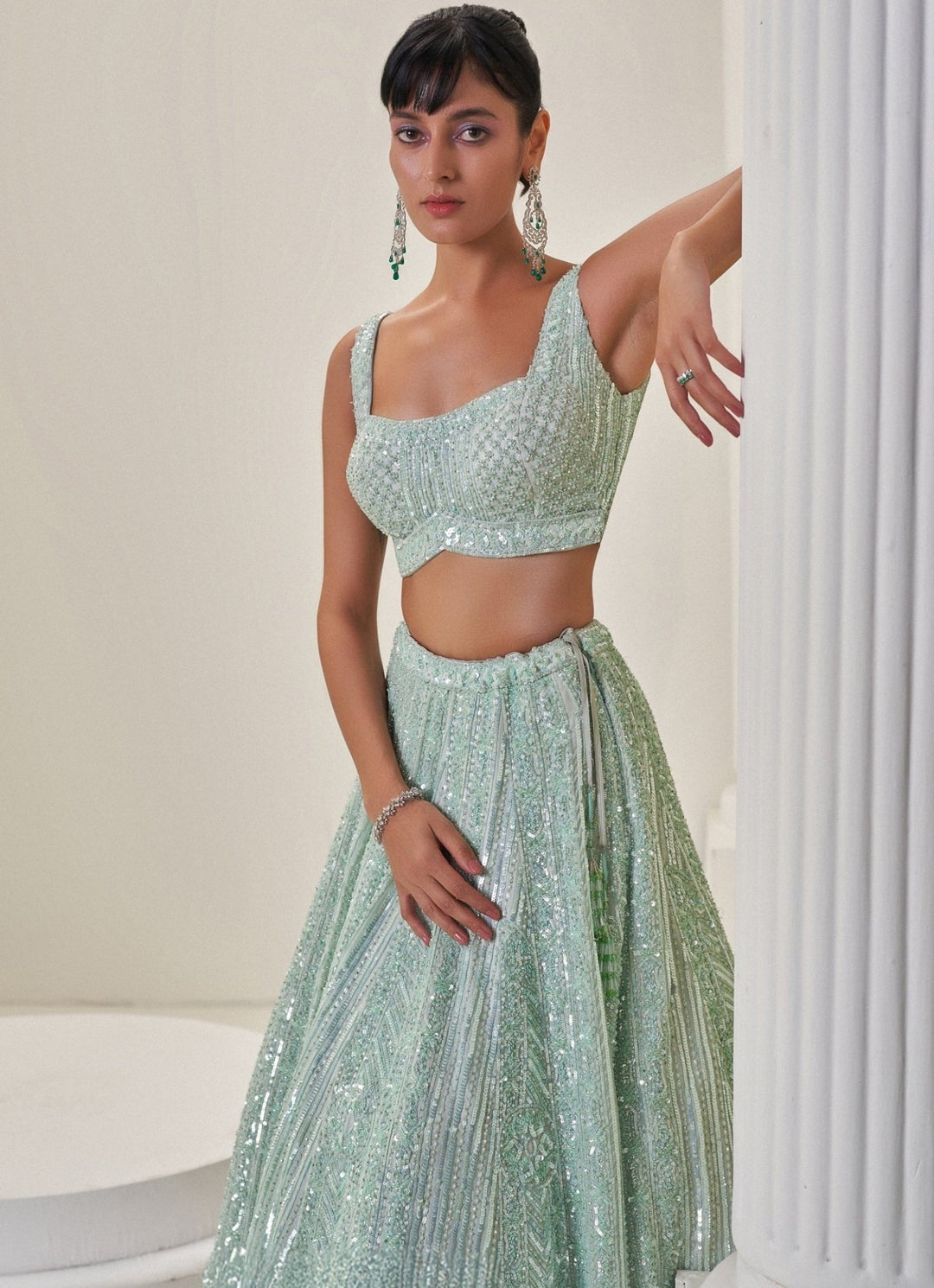 Mint Green Crystal Embroidered Lehenga Set Angad Singh - Fabilicious Fashion