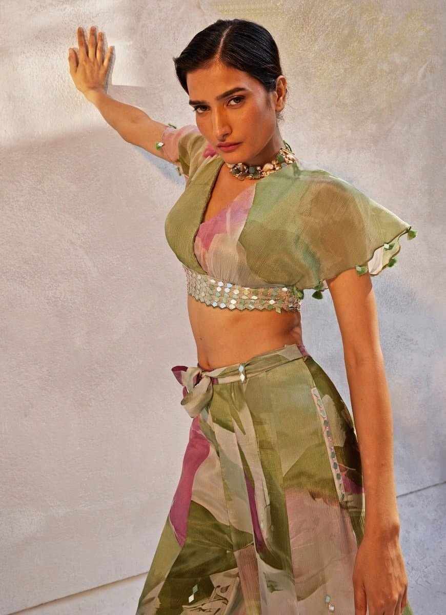 Mint Green Embellished Chiffon Pant Set Basil Leaf - Fabilicious Fashion