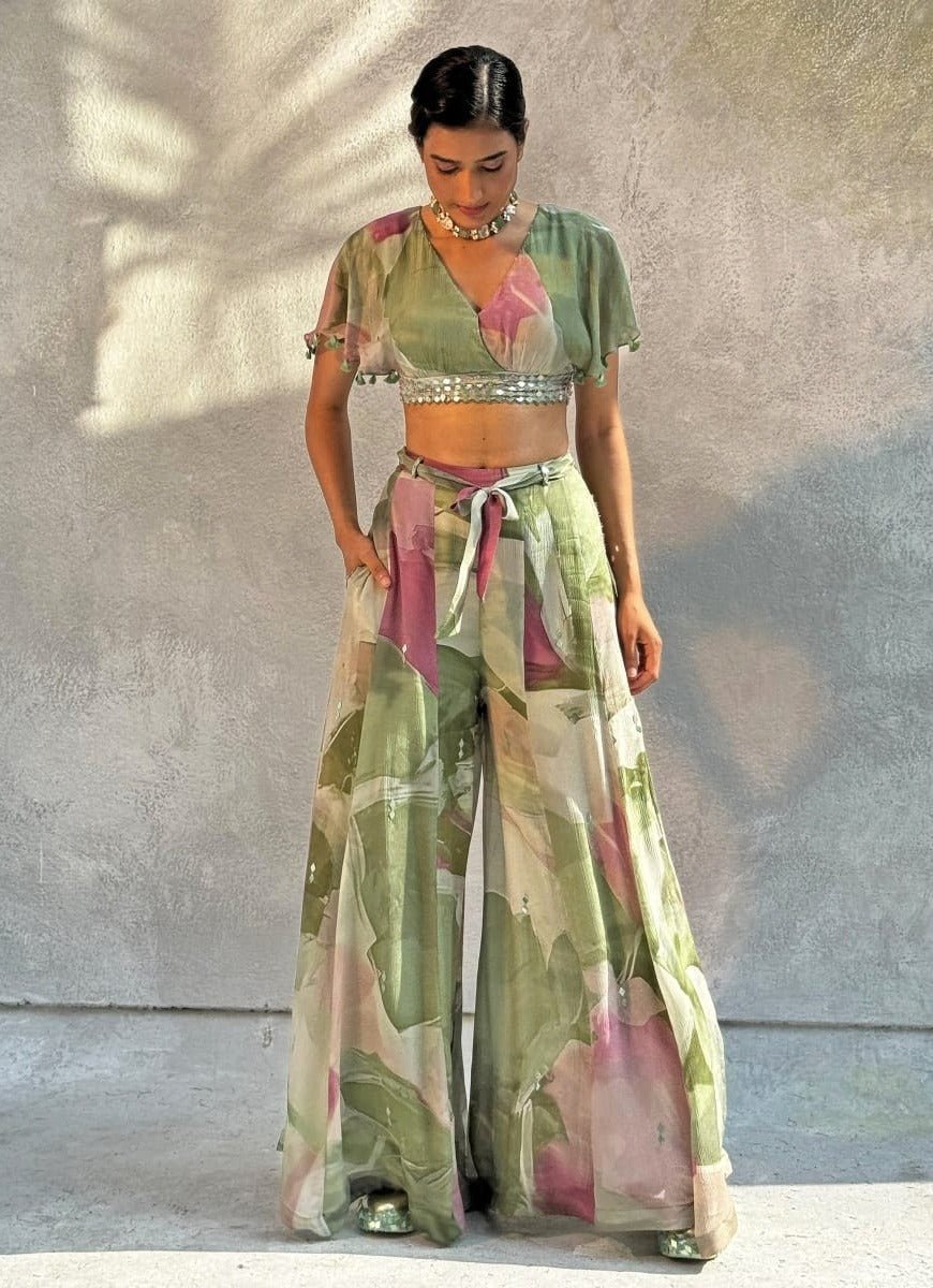 Mint Green Embellished Chiffon Pant Set Basil Leaf - Fabilicious Fashion