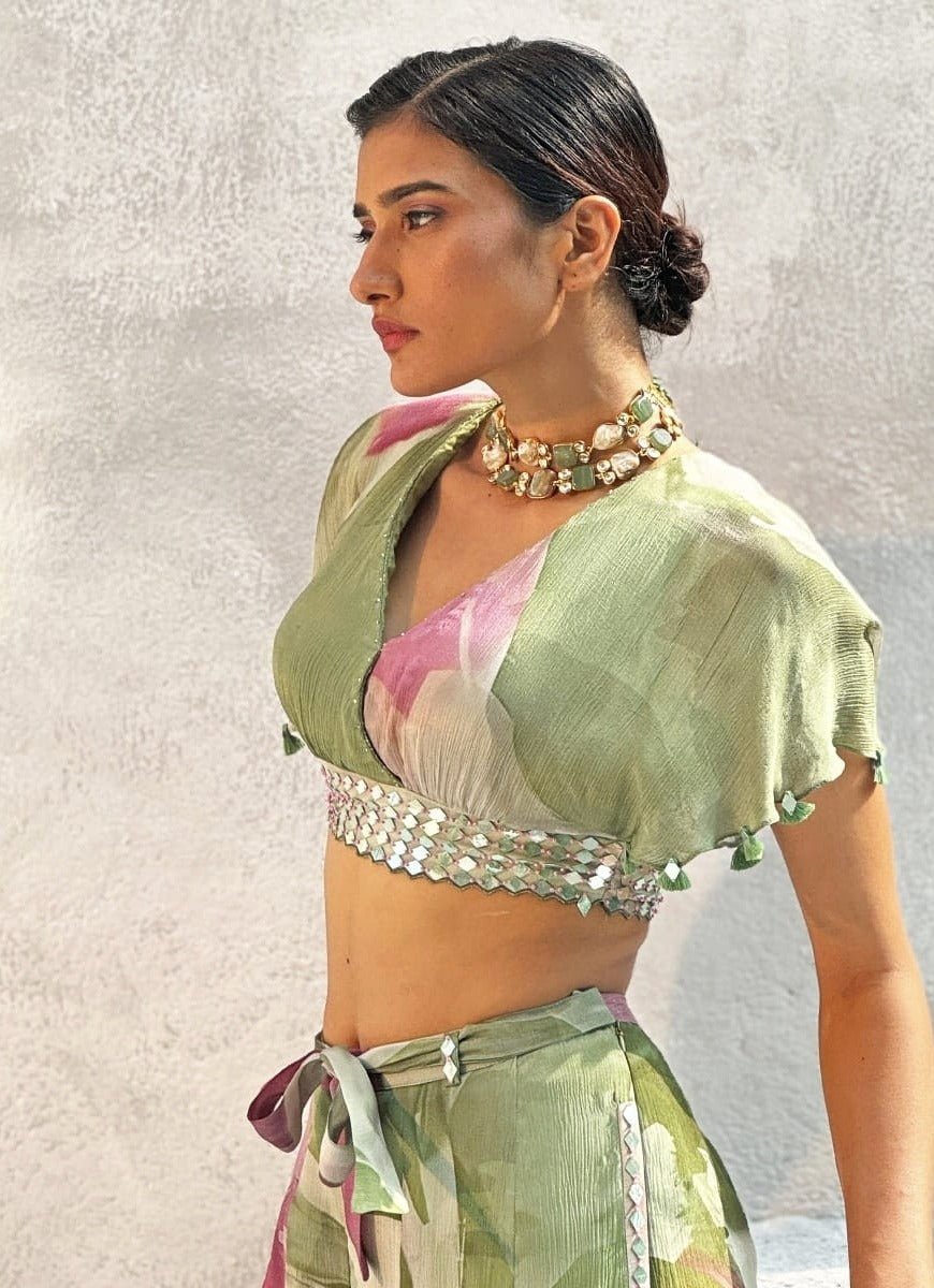 Mint Green Embellished Chiffon Pant Set Basil Leaf - Fabilicious Fashion