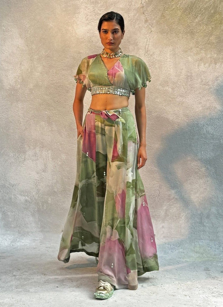 Mint Green Embellished Chiffon Pant Set Basil Leaf - Fabilicious Fashion