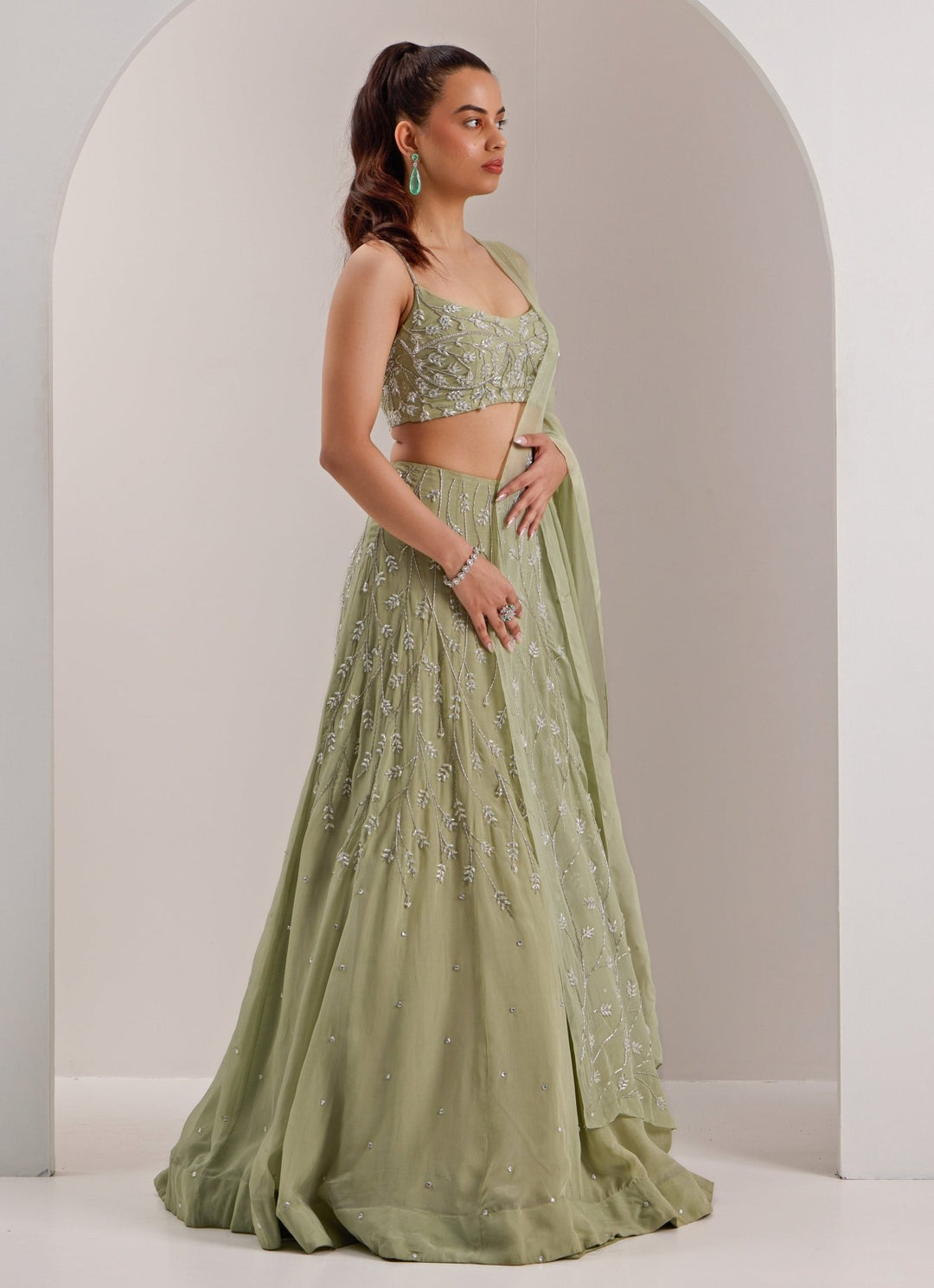 Mint Green Embellished Organza Lehenga Silky Bindra - Fabilicious Fashion