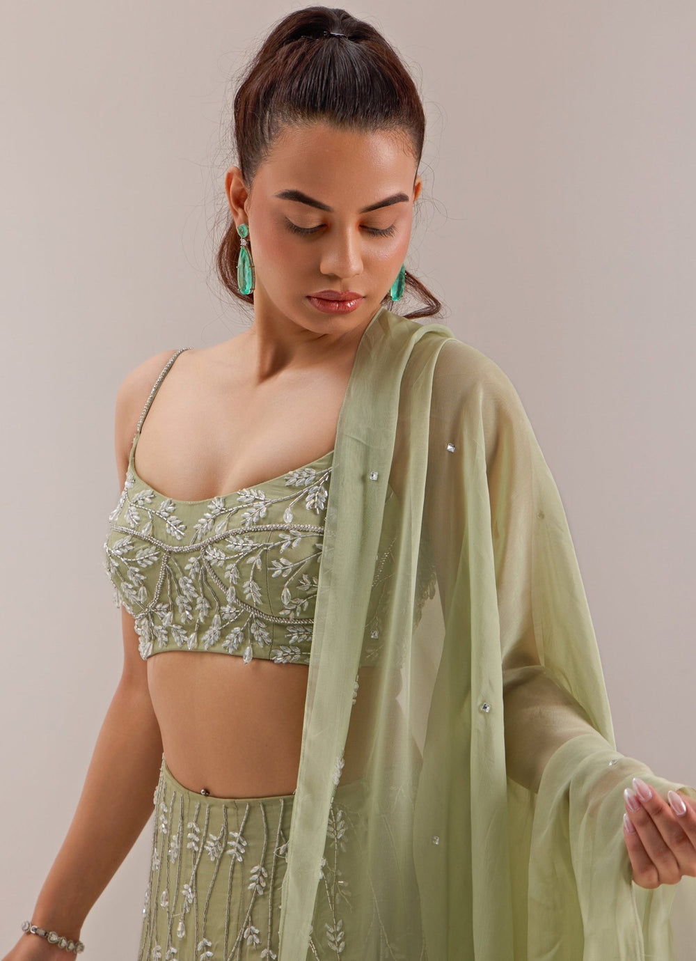 Mint Green Embellished Organza Lehenga Silky Bindra - Fabilicious Fashion