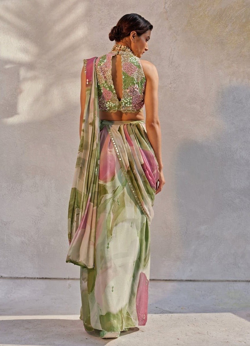 Mint Green Embellished Pre - Draped Chiffon Saree Basil Leaf - Fabilicious Fashion