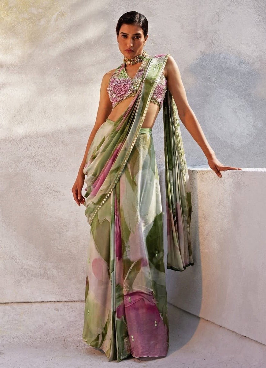 Mint Green Embellished Pre - Draped Chiffon Saree Basil Leaf - Fabilicious Fashion