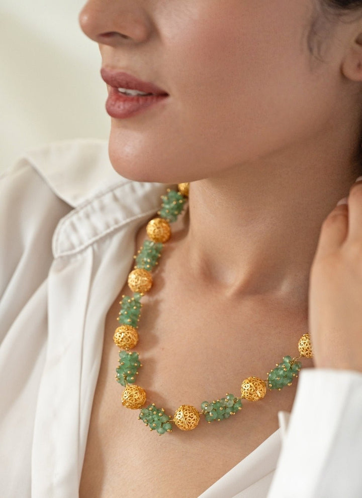 Do Taara Mint Green &amp; Embossed Gold Balls NecklaceFabilicious Fashion