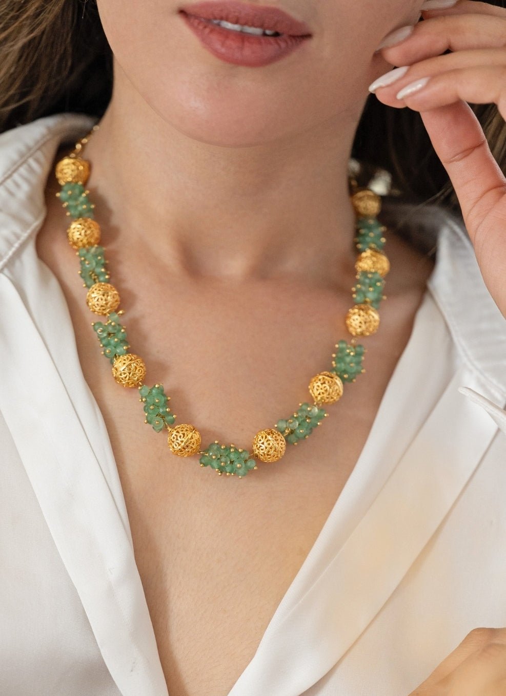Do Taara Mint Green & Embossed Gold Balls NecklaceFabilicious Fashion