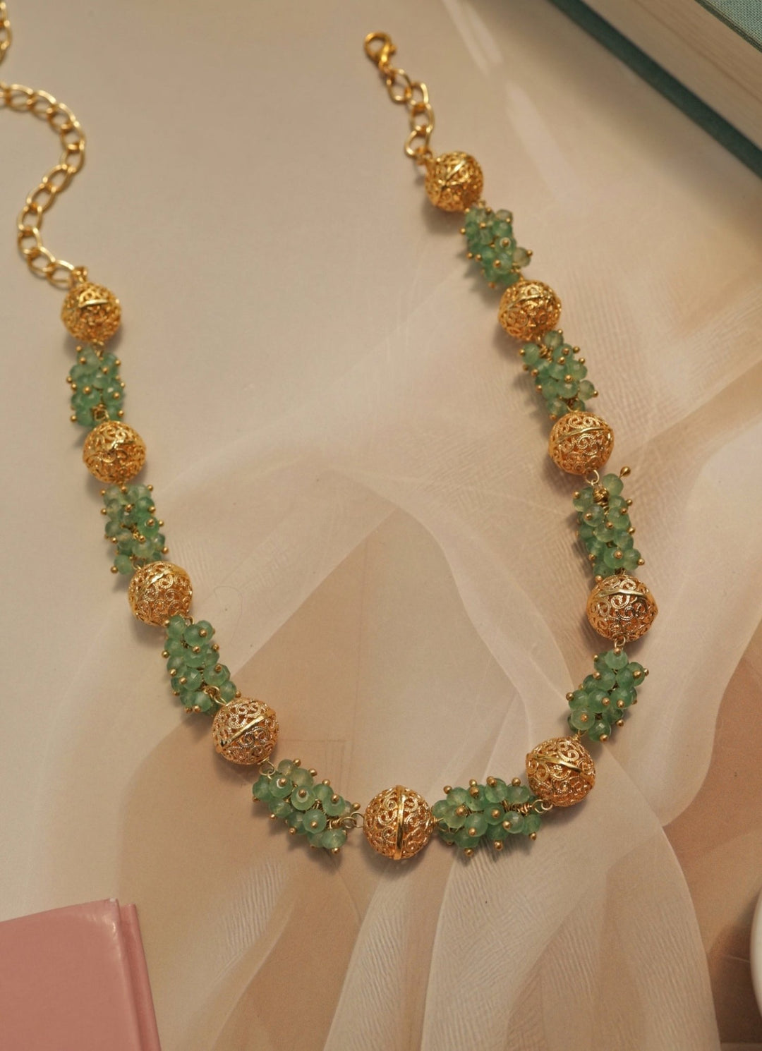 Do Taara Mint Green &amp; Embossed Gold Balls NecklaceFabilicious Fashion