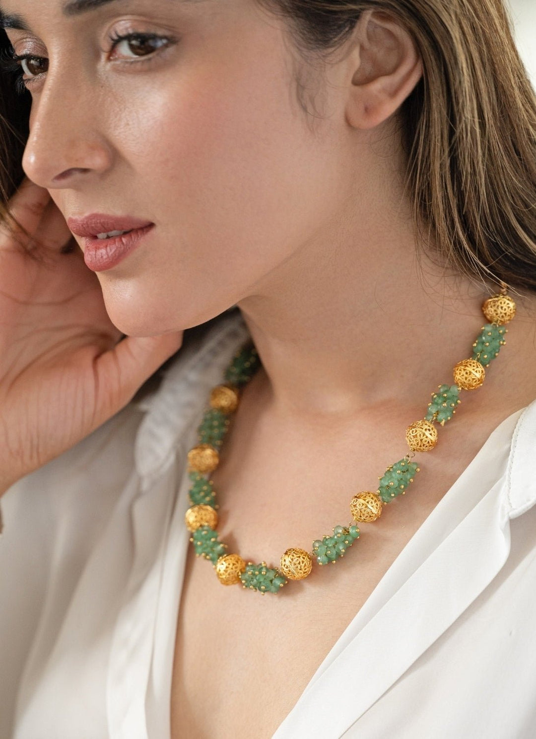 Do Taara Mint Green & Embossed Gold Balls NecklaceFabilicious Fashion