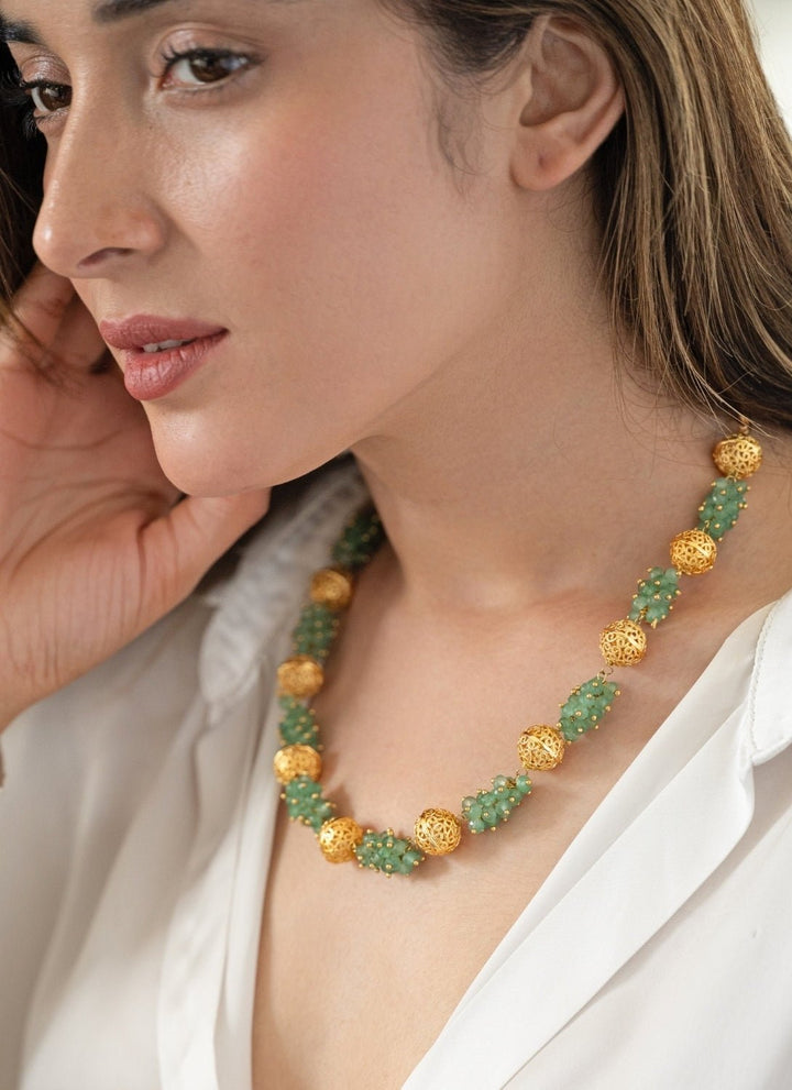 Do Taara Mint Green &amp; Embossed Gold Balls NecklaceFabilicious Fashion