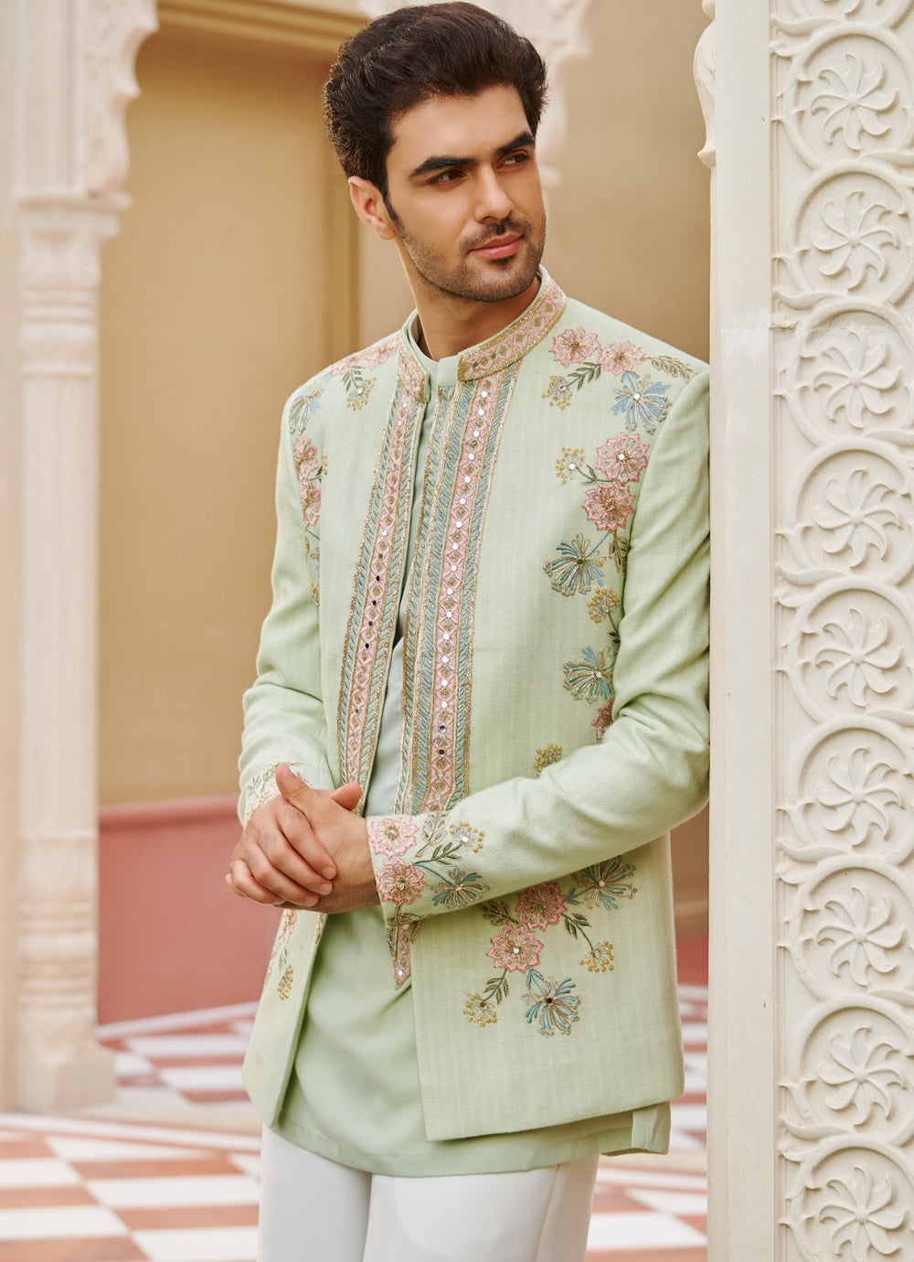 Mint Green Embroidered Bandhgala Jacket Set Contrast By Parth - Fabilicious Fashion