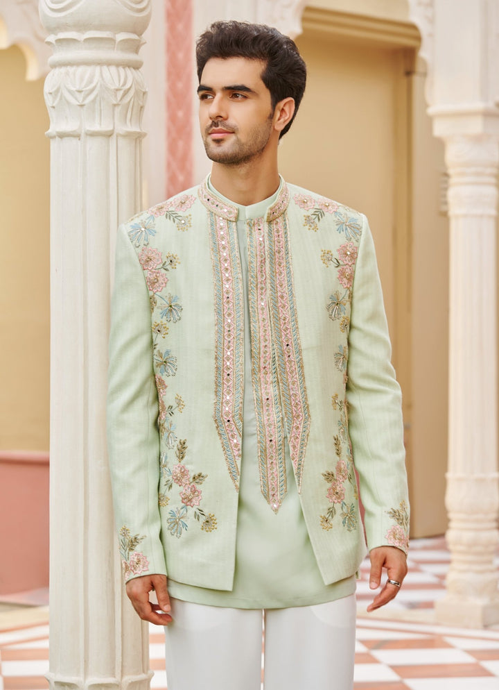 Mint Green Embroidered Bandhgala Jacket Set Contrast By Parth - Fabilicious Fashion