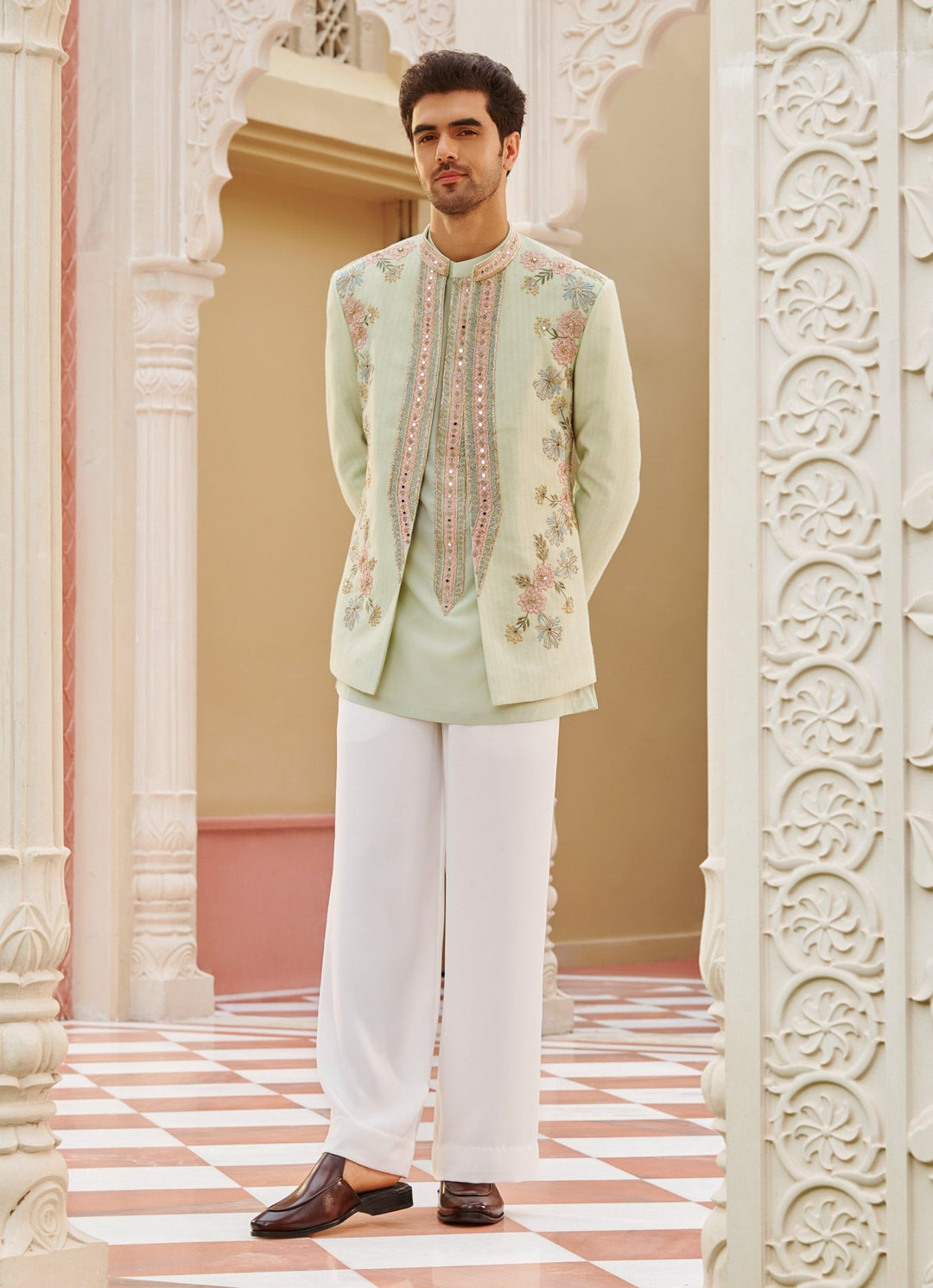 Mint Green Embroidered Bandhgala Jacket Set Contrast By Parth - Fabilicious Fashion
