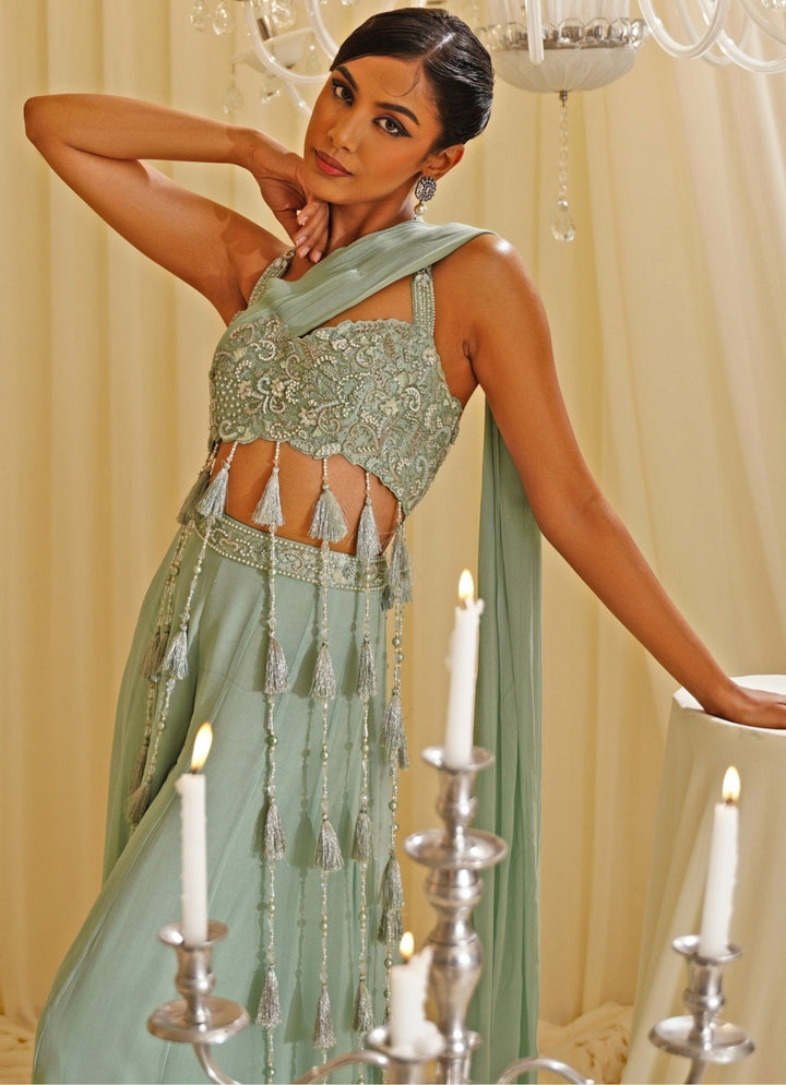 Mint Green Embroidered Blouse Sharara Jade by Ashima - Fabilicious Fashion