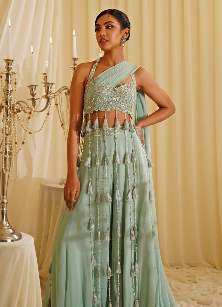 Mint Green Embroidered Blouse Sharara Jade by Ashima - Fabilicious Fashion