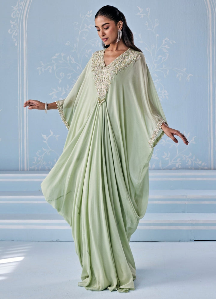 Mint Green Embroidered Chiffon Kaftan Seema Thukral - Fabilicious Fashion