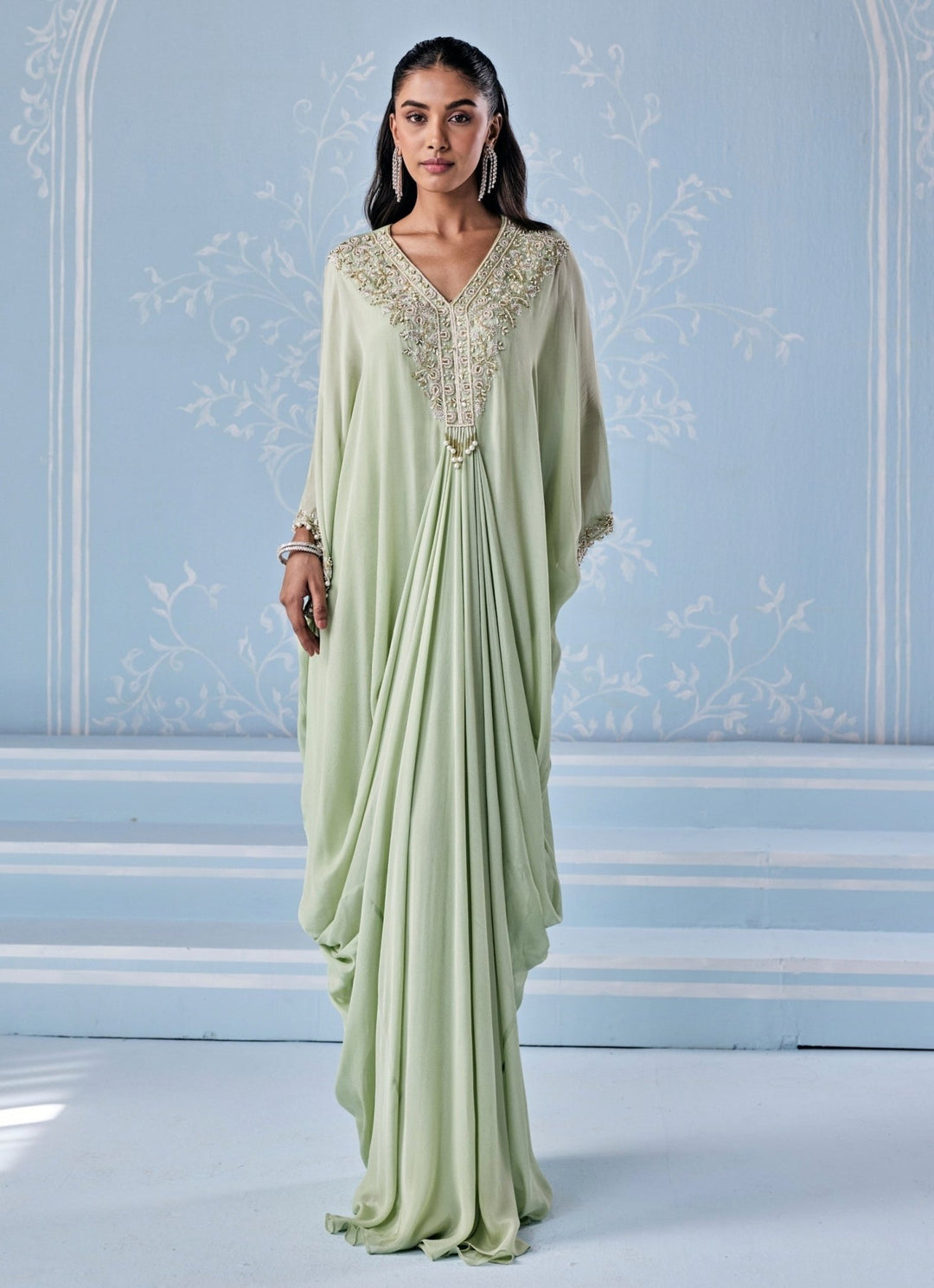 Mint Green Embroidered Chiffon Kaftan Seema Thukral - Fabilicious Fashion