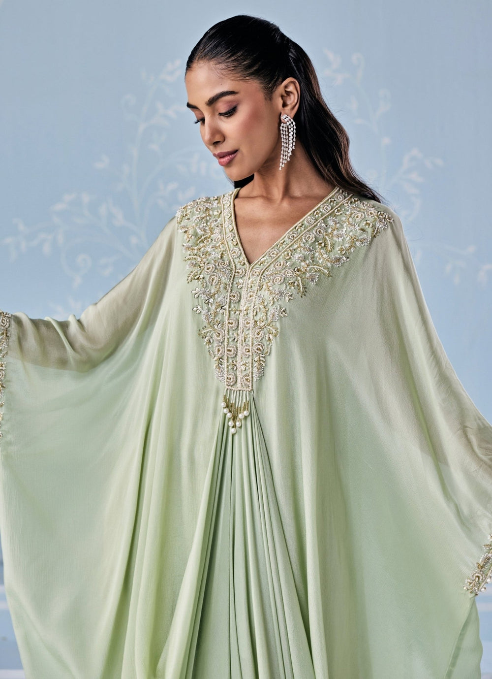 Mint Green Embroidered Chiffon Kaftan Seema Thukral - Fabilicious Fashion