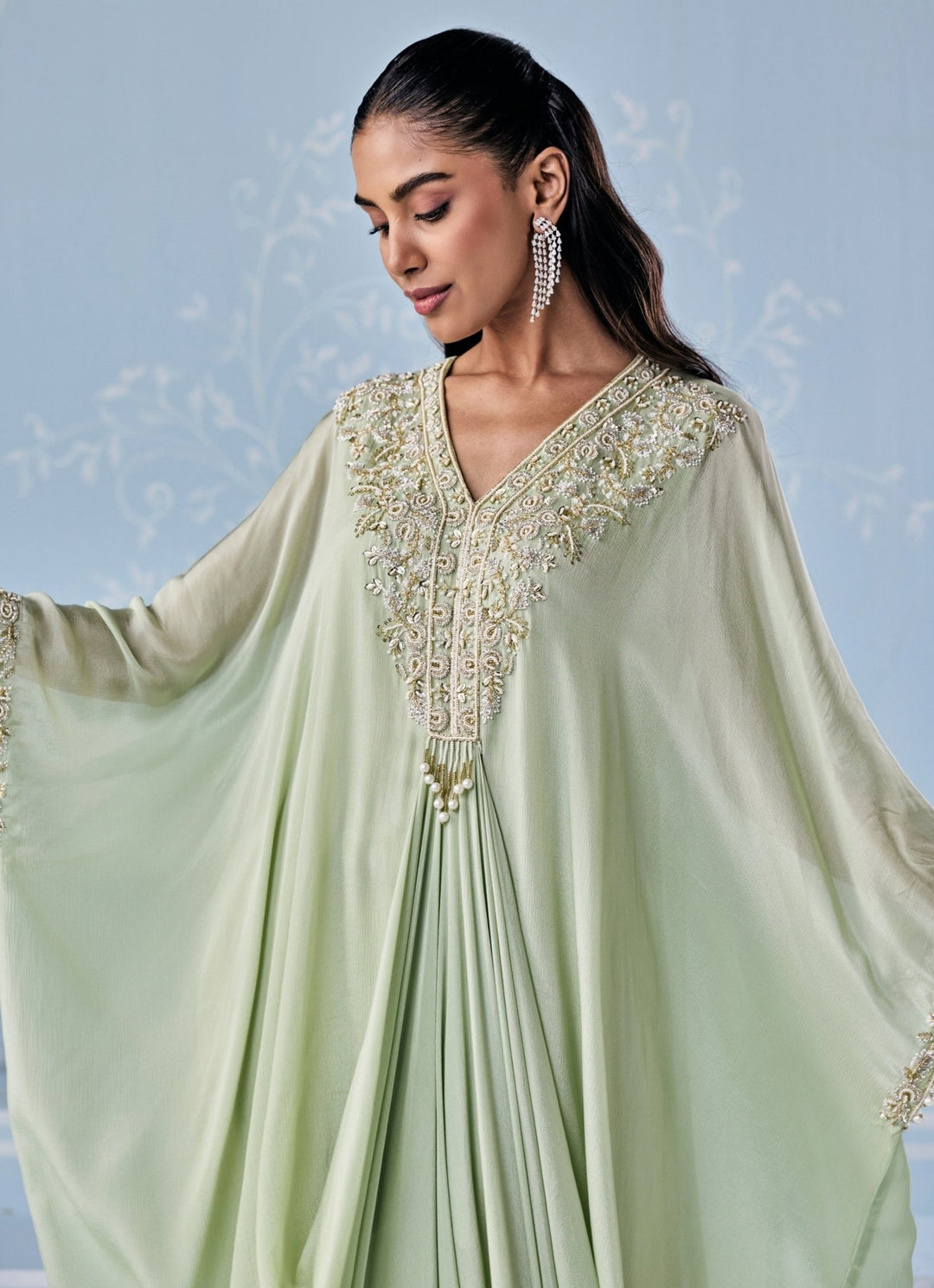 Mint Green Embroidered Chiffon Kaftan Seema Thukral - Fabilicious Fashion