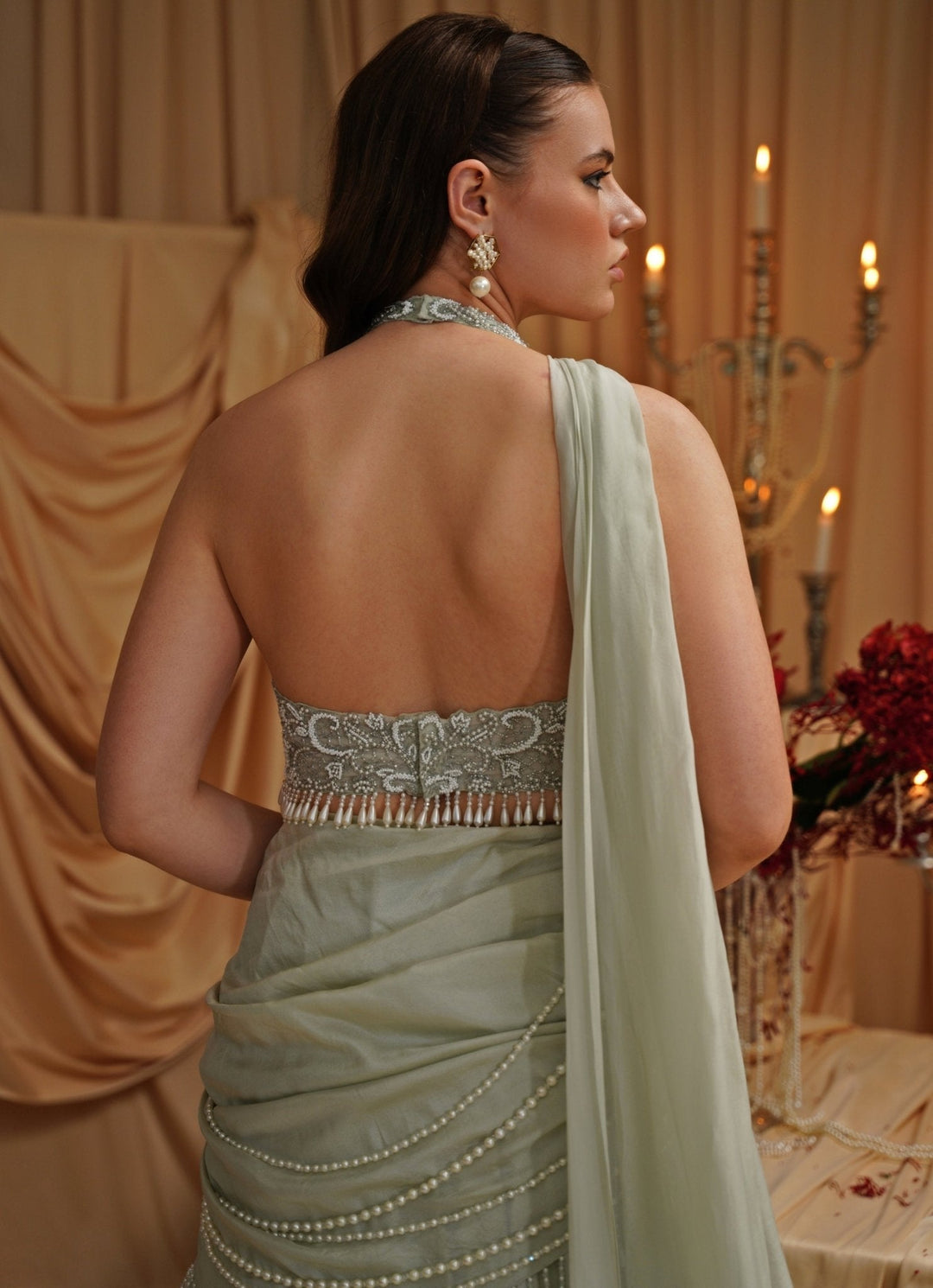 Mint Green Embroidered Cowl Lehenga Set Jade by Ashima - Fabilicious Fashion