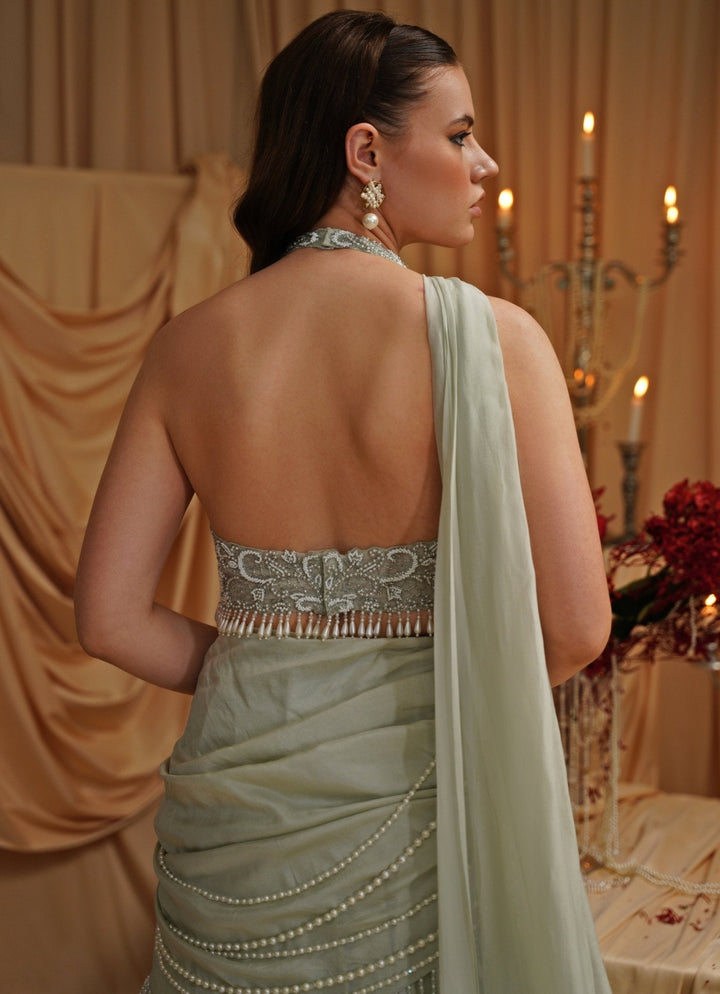 Mint Green Embroidered Cowl Lehenga Set Jade by Ashima - Fabilicious Fashion