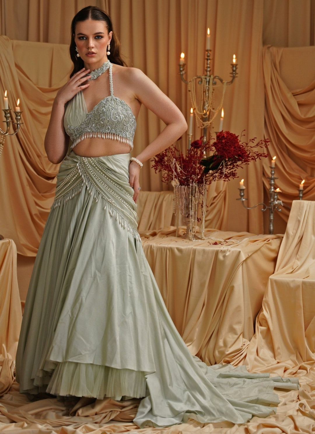 Mint Green Embroidered Cowl Lehenga Set Jade by Ashima - Fabilicious Fashion