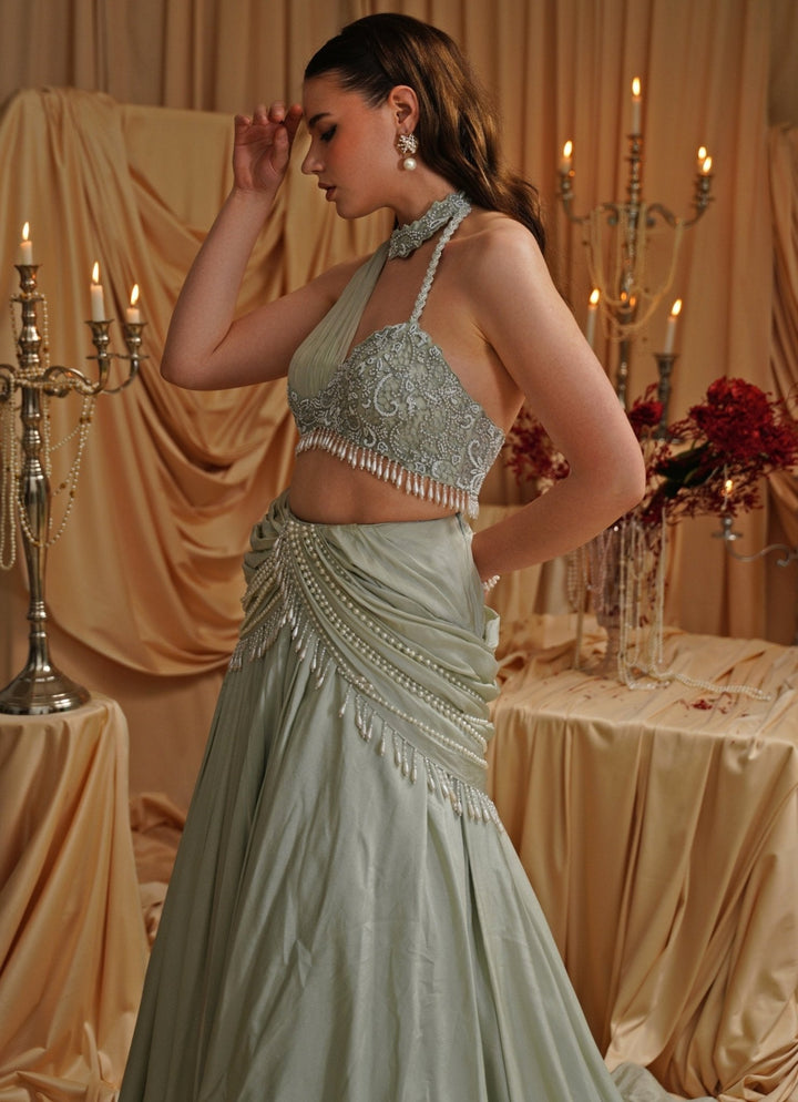Mint Green Embroidered Cowl Lehenga Set Jade by Ashima - Fabilicious Fashion