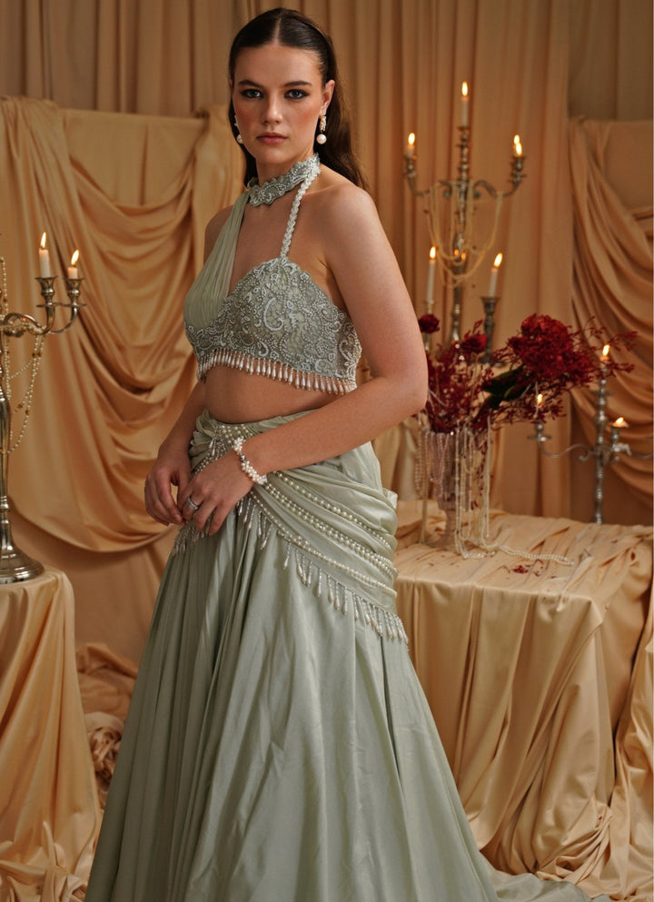 Mint Green Embroidered Cowl Lehenga Set Jade by Ashima - Fabilicious Fashion