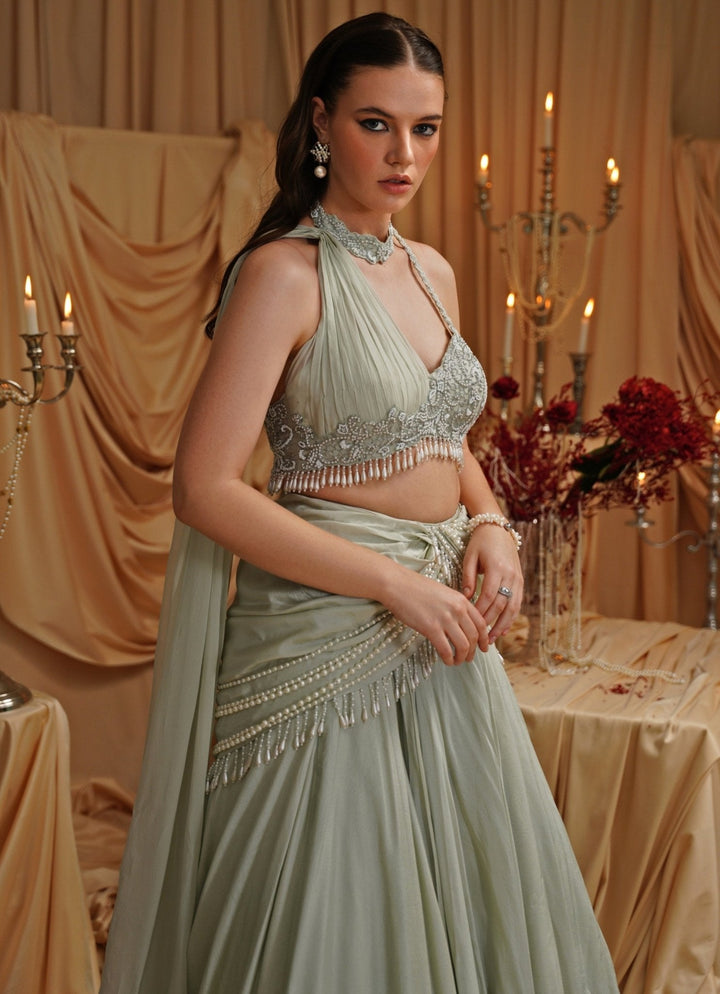 Mint Green Embroidered Cowl Lehenga Set Jade by Ashima - Fabilicious Fashion