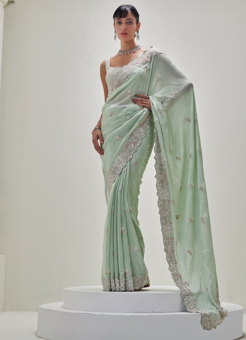 Mint Green Embroidered Crepe Saree Set Angad Singh - Fabilicious Fashion