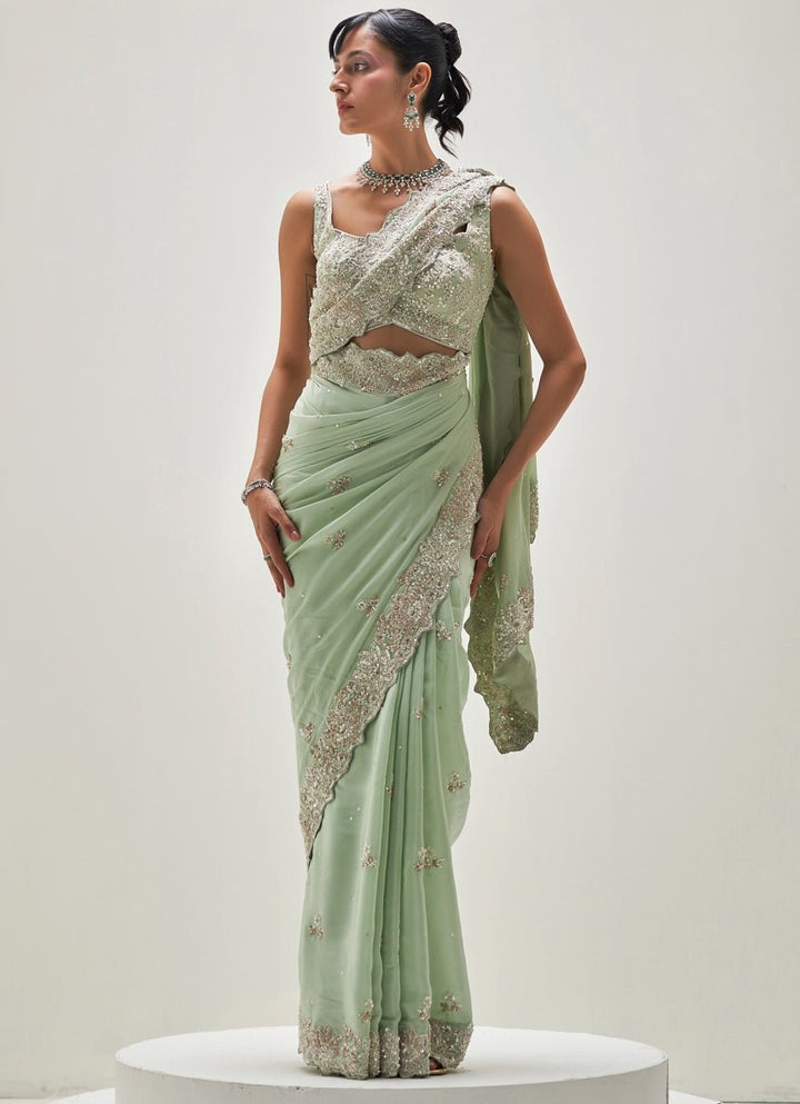 Mint Green Embroidered Crepe Saree Set Angad Singh - Fabilicious Fashion