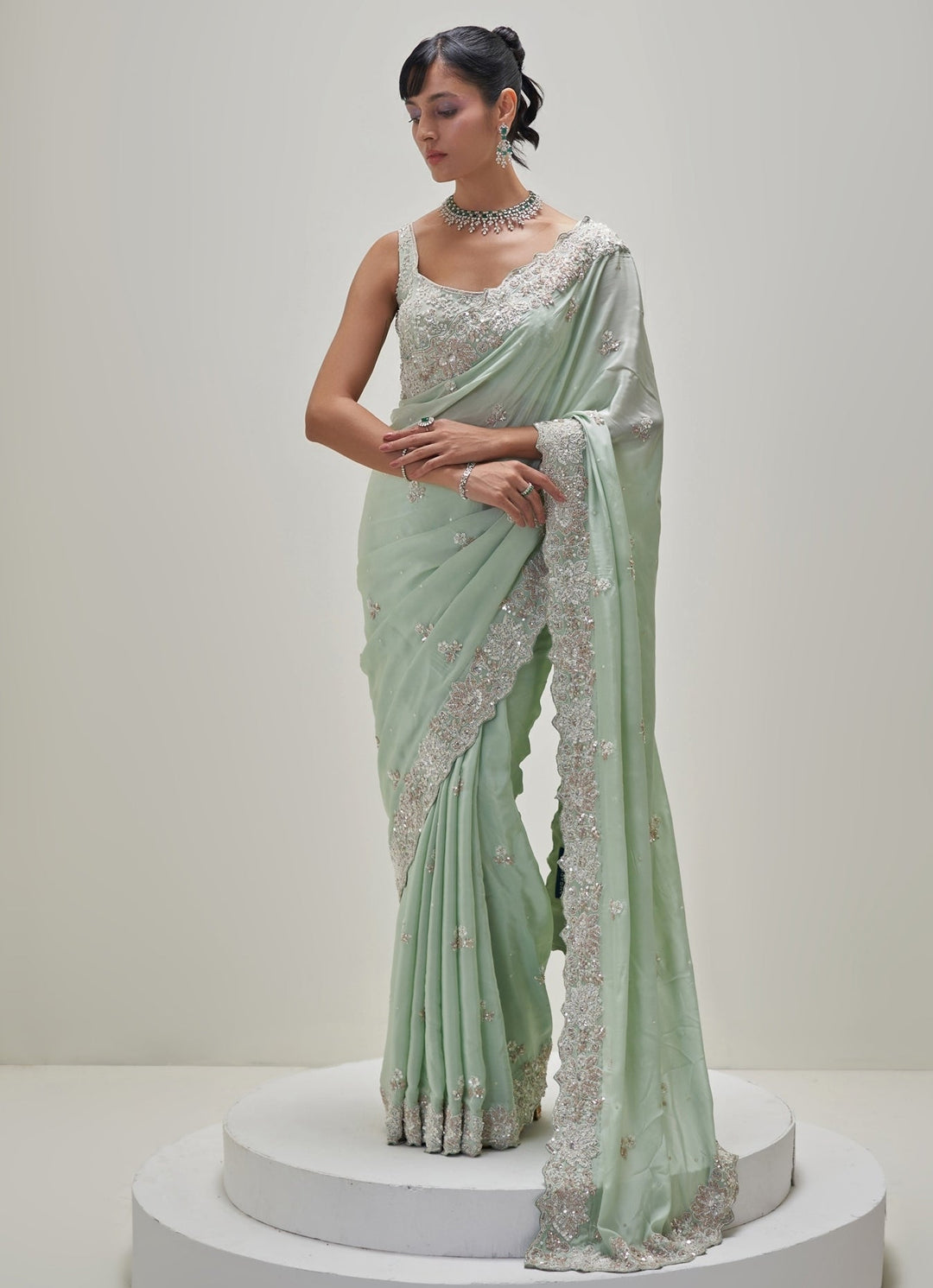 Mint Green Embroidered Crepe Saree Set Angad Singh - Fabilicious Fashion