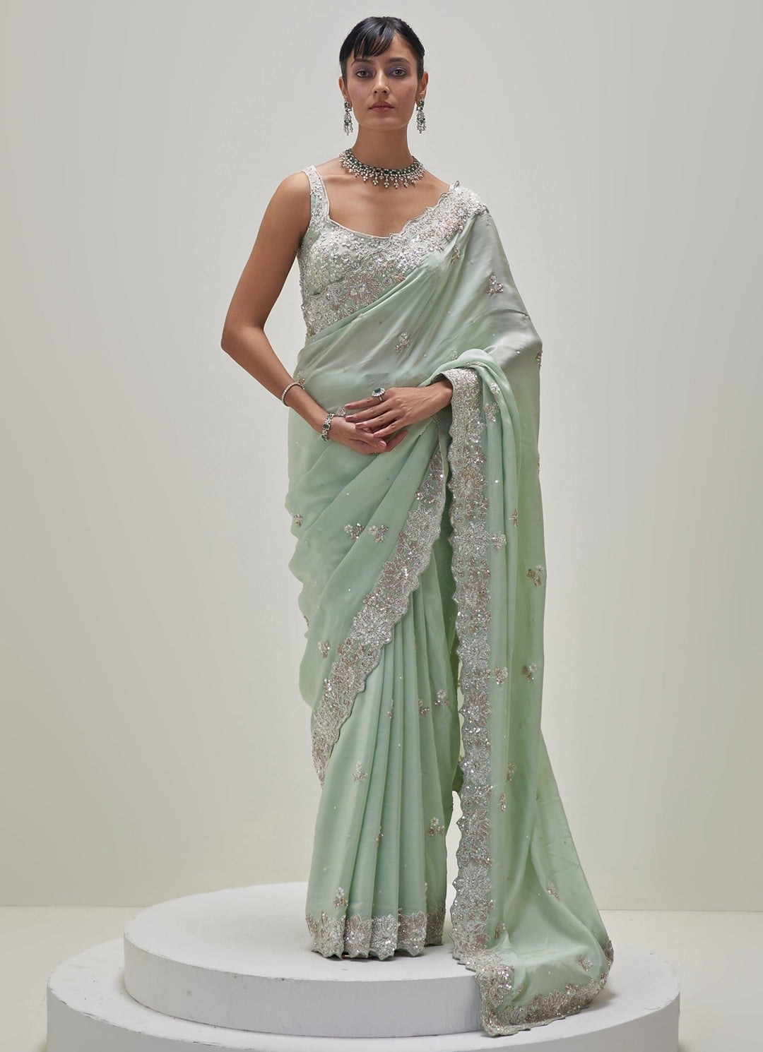Mint Green Embroidered Crepe Saree Set Angad Singh - Fabilicious Fashion