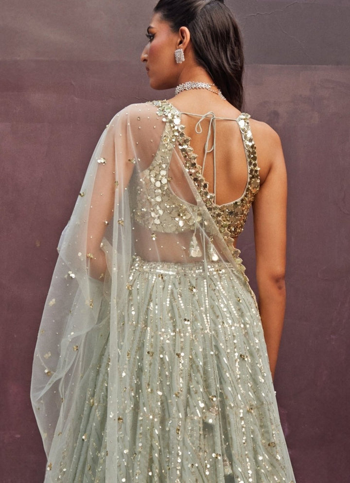 Mint Green Embroidered Georgette Lehenga Prevasu - Fabilicious Fashion
