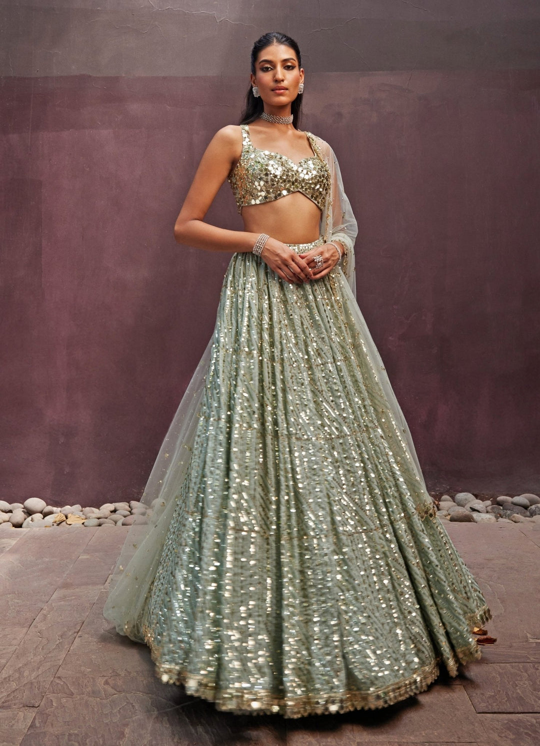 Mint Green Embroidered Georgette Lehenga Prevasu - Fabilicious Fashion