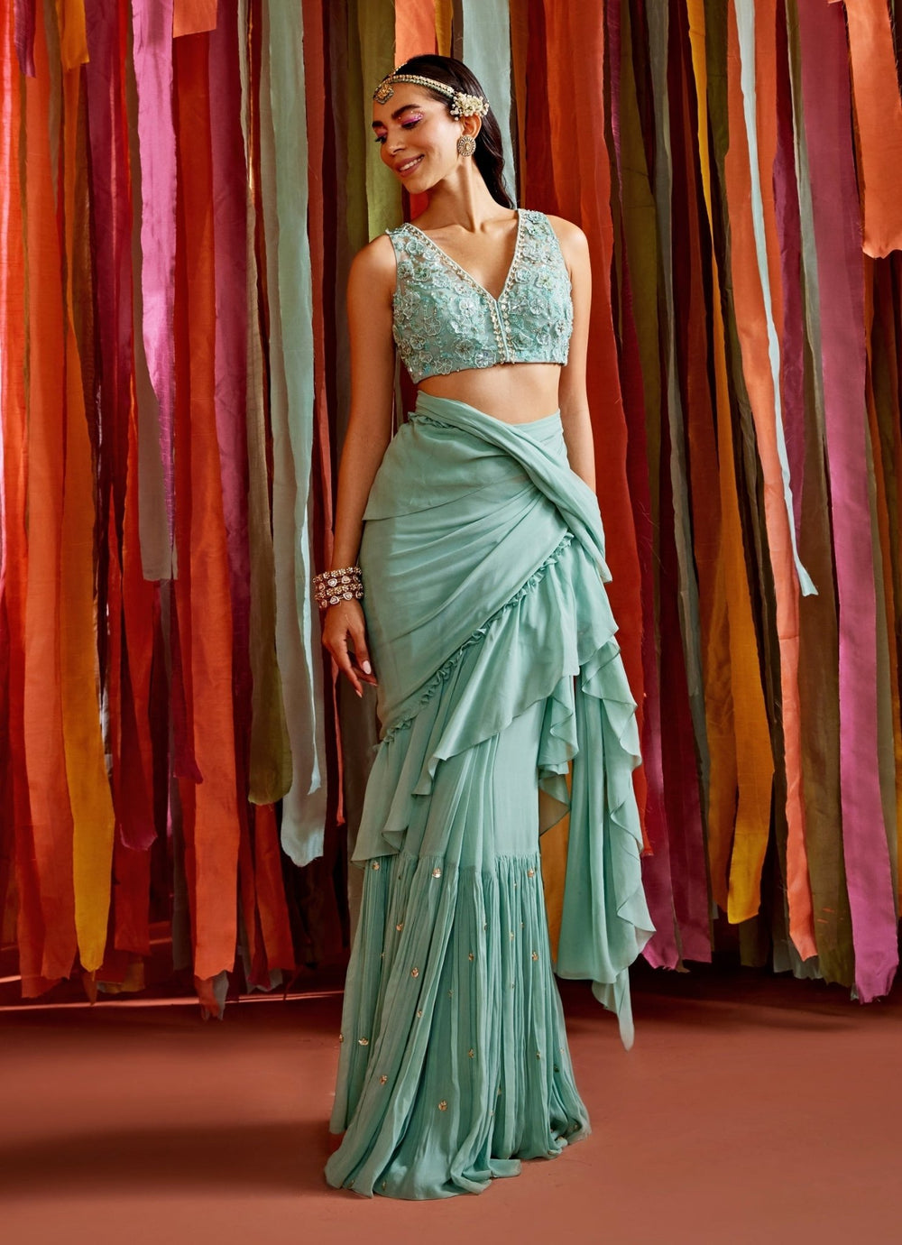 Mint Green Embroidered Georgette Predraped Ruffle Saree Sanya Gulati - Fabilicious Fashion