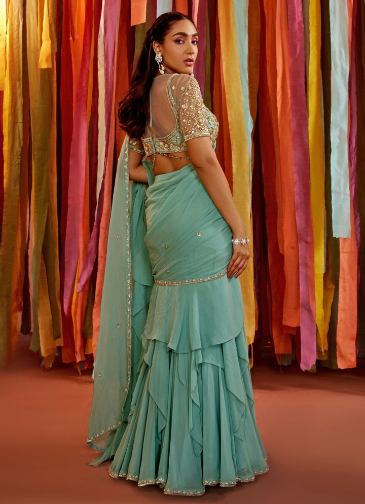 Mint Green Embroidered Georgette Predraped Ruffle Saree Sanya Gulati - Fabilicious Fashion
