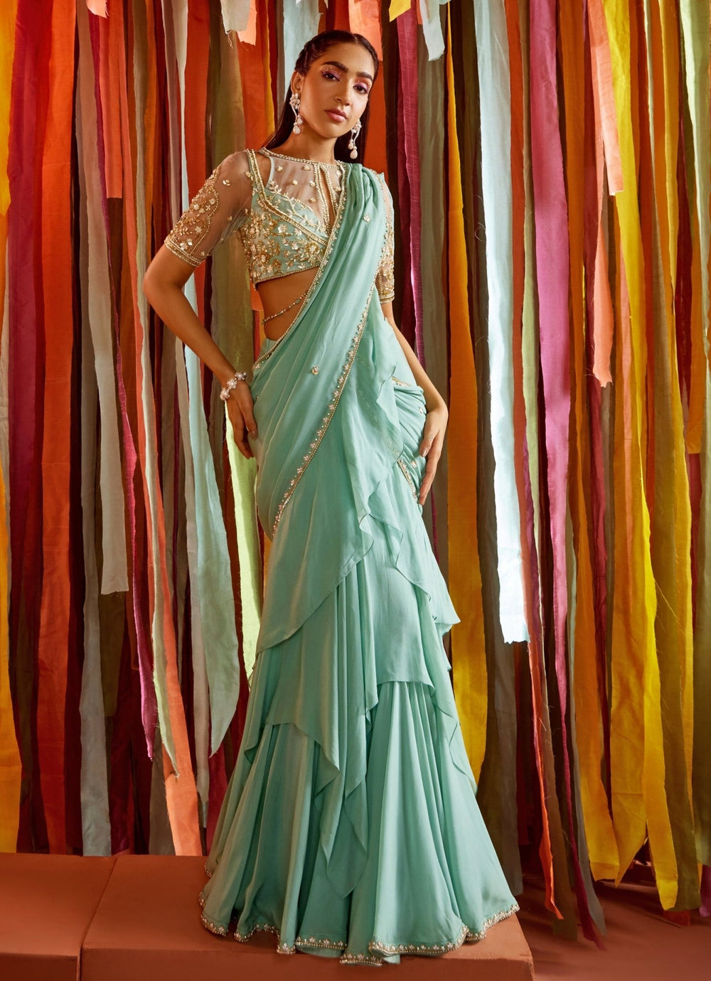 Mint Green Embroidered Georgette Predraped Ruffle Saree Sanya Gulati - Fabilicious Fashion