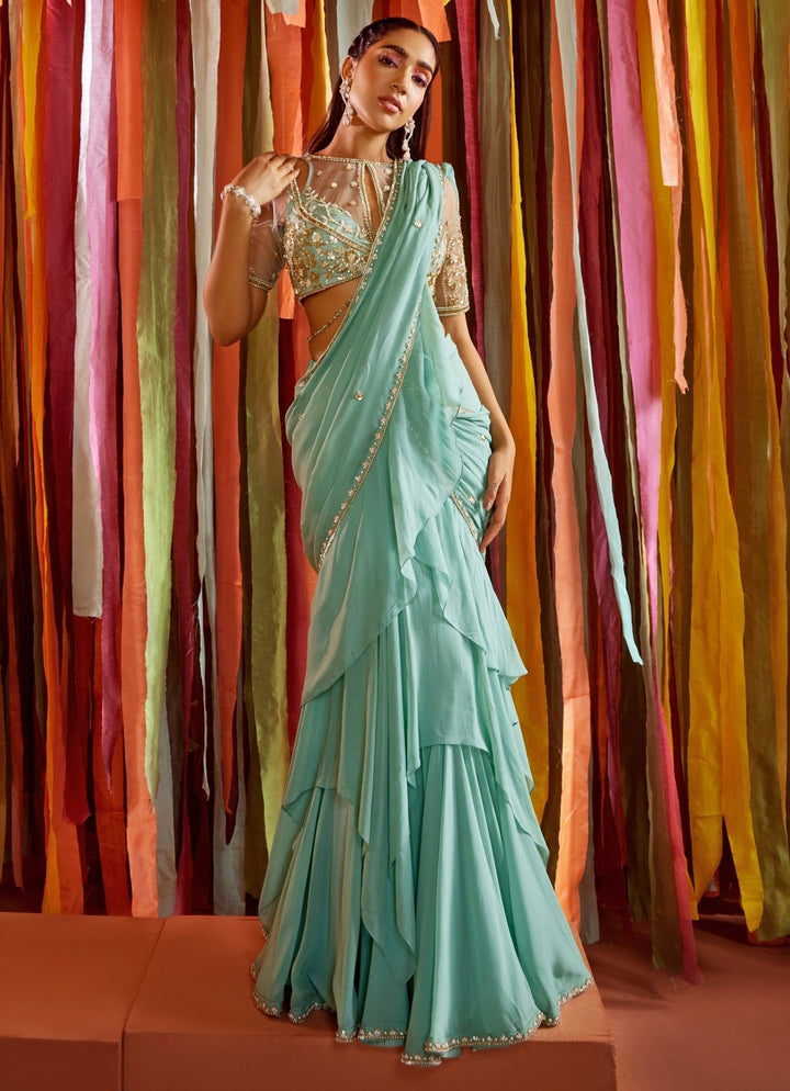 Mint Green Embroidered Georgette Predraped Ruffle Saree Sanya Gulati - Fabilicious Fashion