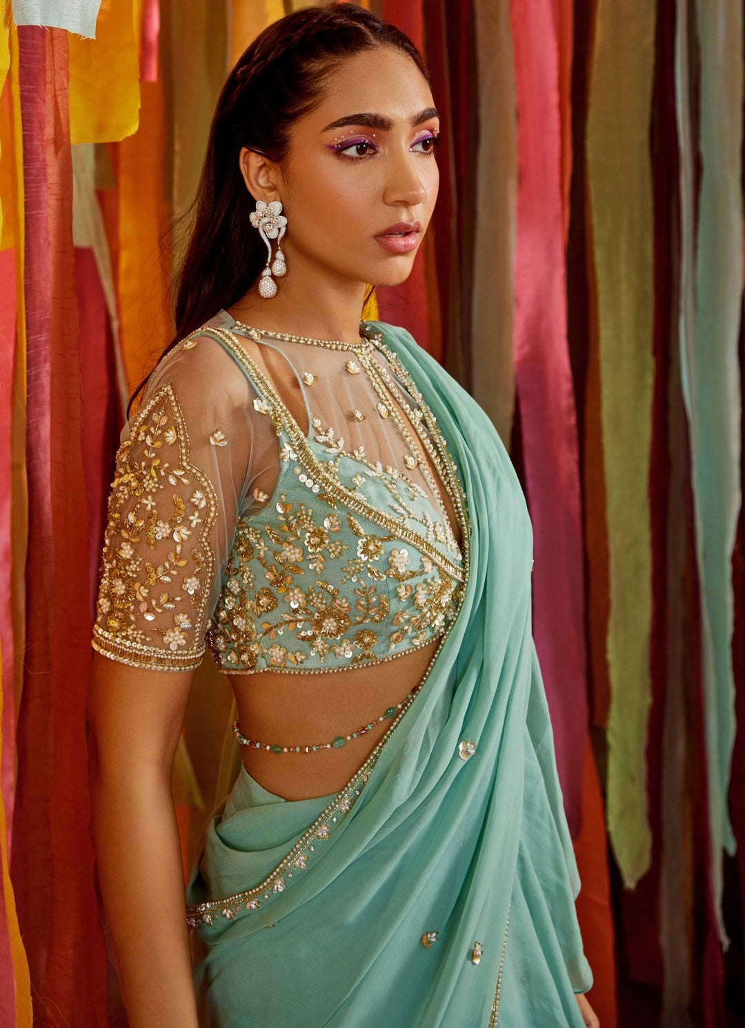 Mint Green Embroidered Georgette Predraped Ruffle Saree Sanya Gulati - Fabilicious Fashion