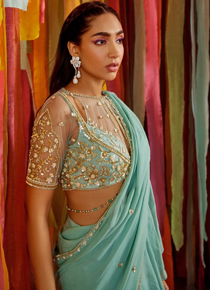Mint Green Embroidered Georgette Predraped Ruffle Saree Sanya Gulati - Fabilicious Fashion