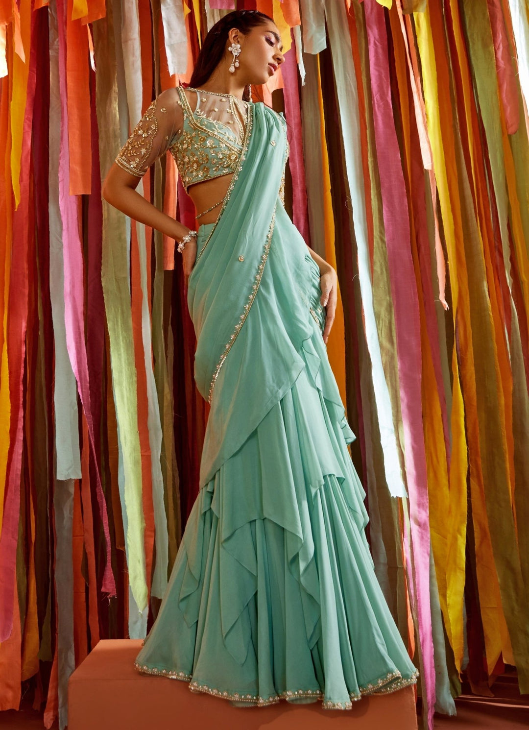 Mint Green Embroidered Georgette Predraped Ruffle Saree Sanya Gulati - Fabilicious Fashion