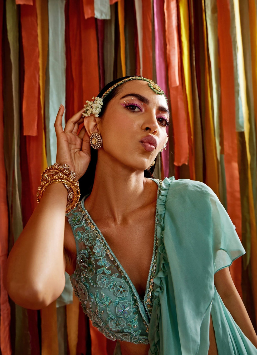 Mint Green Embroidered Georgette Predraped Ruffle Saree Sanya Gulati - Fabilicious Fashion