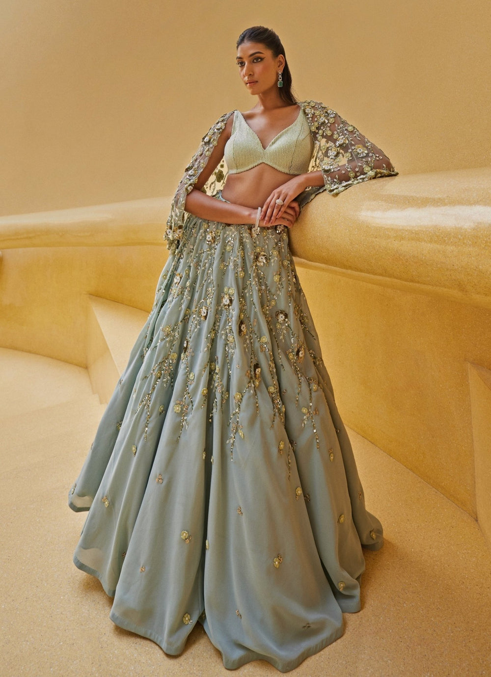 Mint Green Embroidered Georgette Skirt Set With Cape Prevasu - Fabilicious Fashion