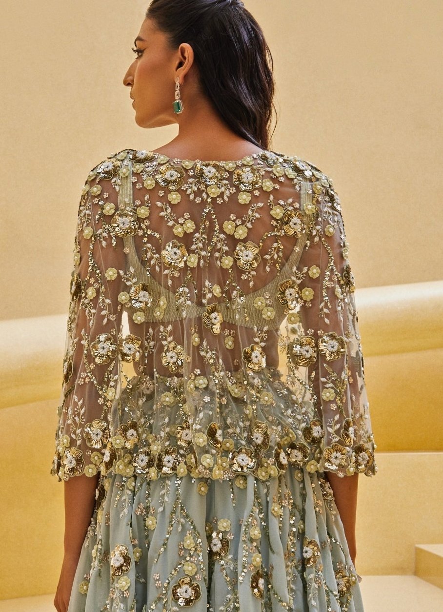 Mint Green Embroidered Georgette Skirt Set With Cape Prevasu - Fabilicious Fashion