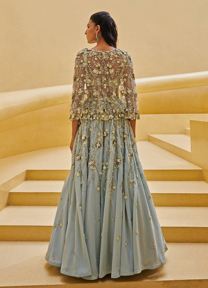 Mint Green Embroidered Georgette Skirt Set With Cape Prevasu - Fabilicious Fashion