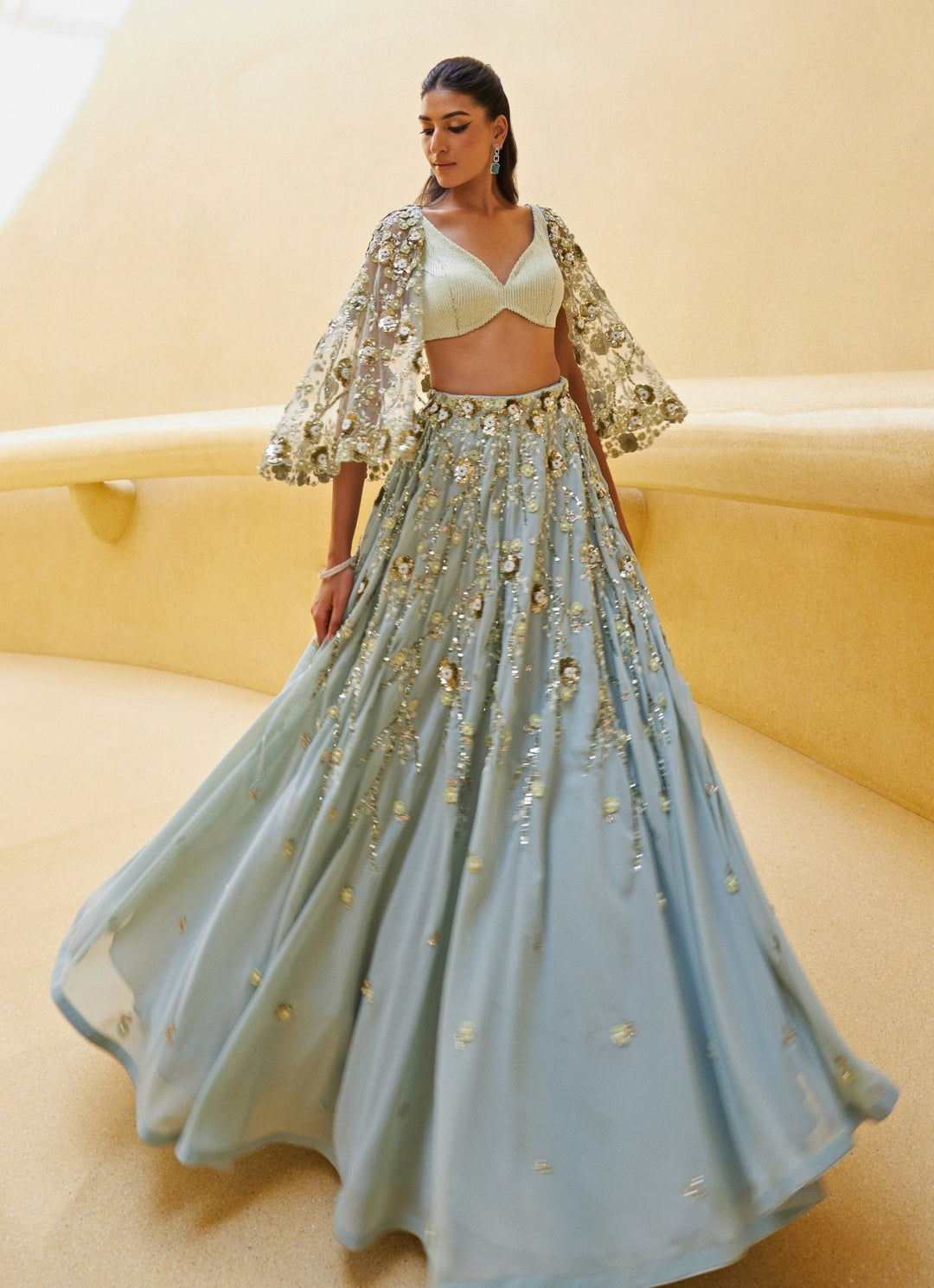 Mint Green Embroidered Georgette Skirt Set With Cape Prevasu - Fabilicious Fashion