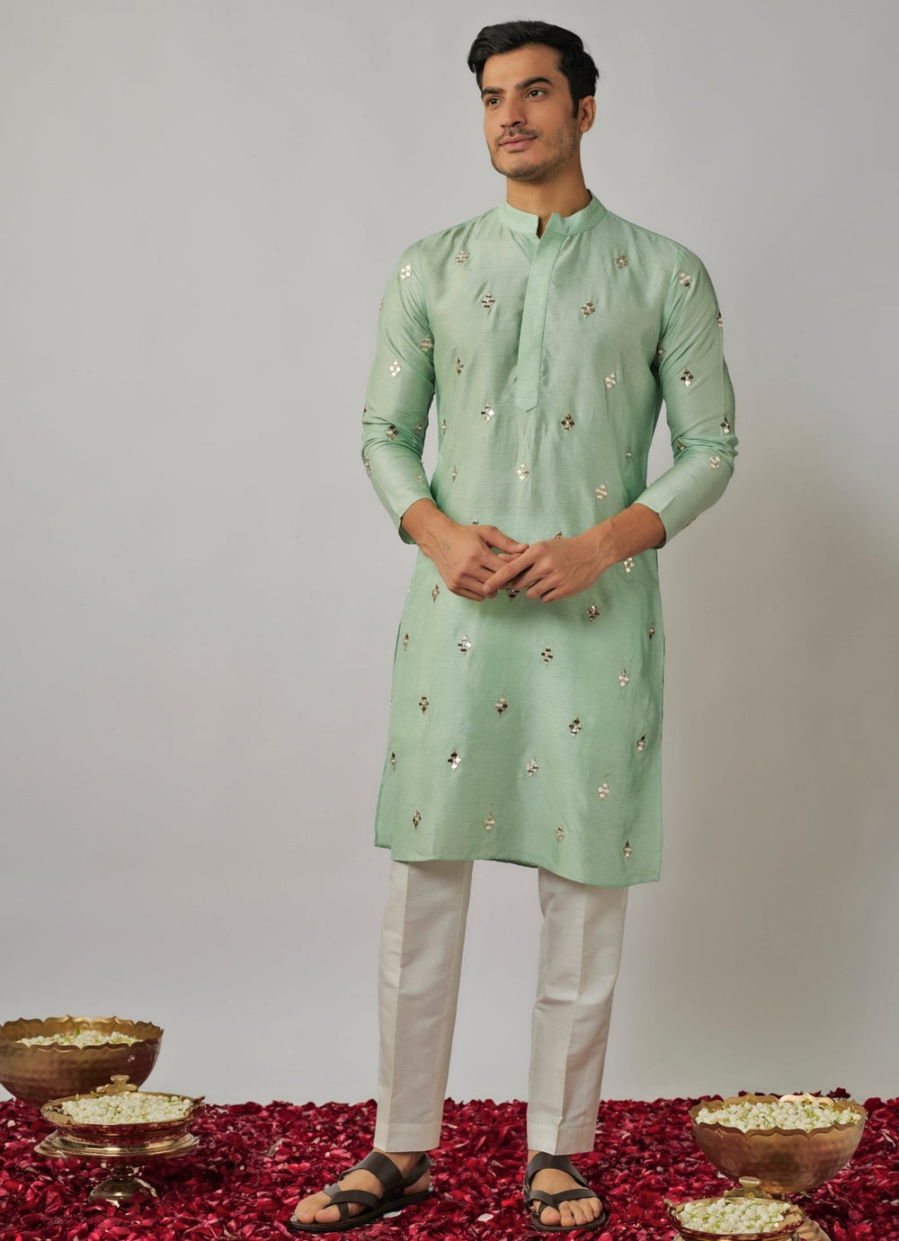 Mint Green Embroidered Kurta and Ivory Pants Set Renee Label - Men - Fabilicious Fashion