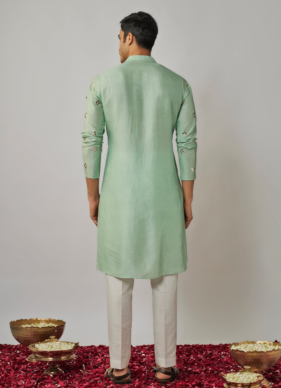 Mint Green Embroidered Kurta and Ivory Pants Set Renee Label - Men - Fabilicious Fashion