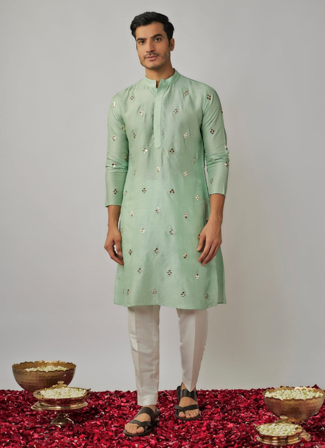 Mint Green Embroidered Kurta and Ivory Pants Set Renee Label - Men - Fabilicious Fashion